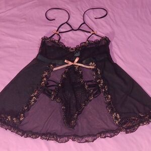 G World Intimates Peachy Pink & Black Lace Sheer Sexy Chemise Lingerie (OS)🍑